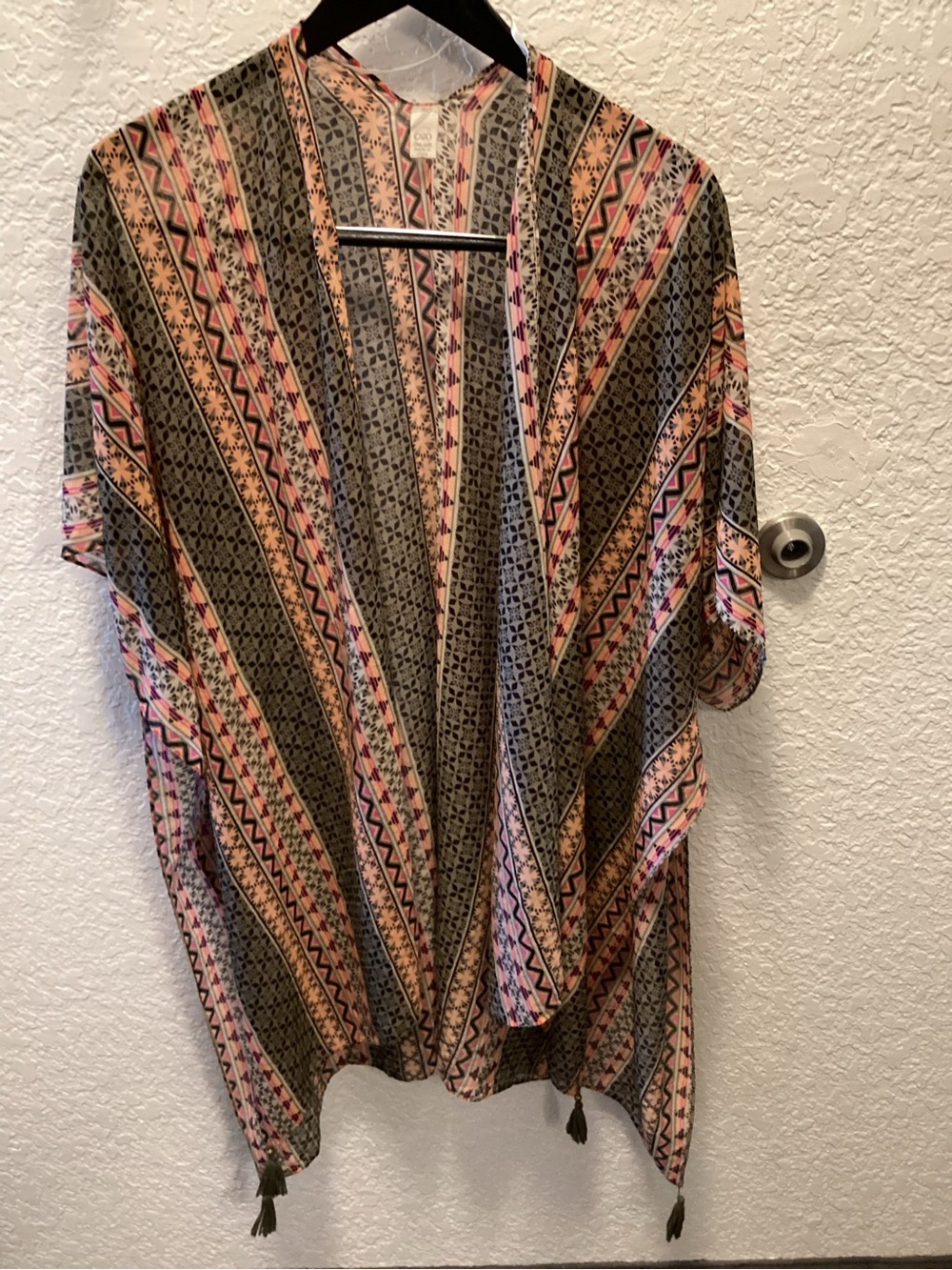 Cato Pink and Olive Patterned Open-Front Kimono Shrug